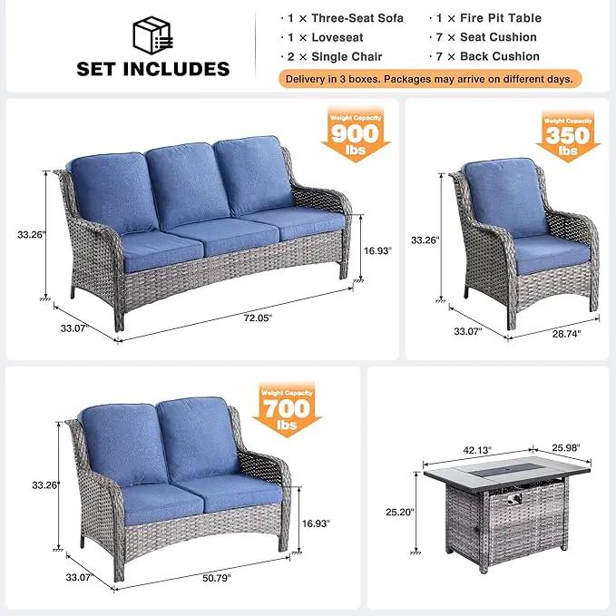 ovios 5 Pieces Patio Furniture Set with 42" Fire Pit Table, Outdoor Wicker Sofa with Loveseat, Comfy Cushions, High Back Couch Conversation Set, Grey Rattan, Denim Blue, photo 8 of 9