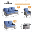 ovios 5 Pieces Patio Furniture Set with 42" Fire Pit Table, Outdoor Wicker Sofa with Loveseat, Comfy Cushions, High Back Couch Conversation Set, Grey Rattan, Denim Blue by GreenHaven Gardens