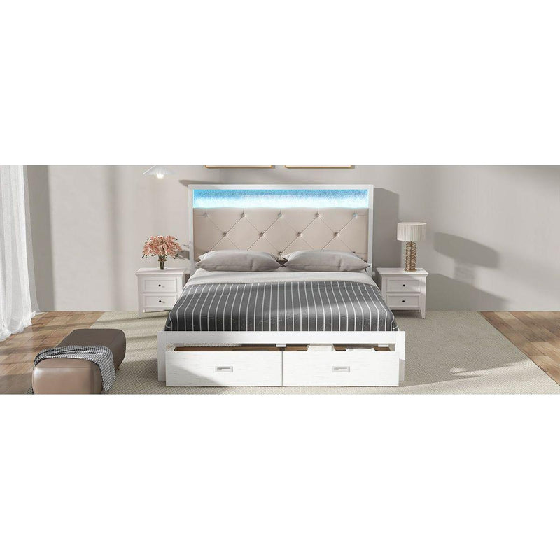 Wood Queen Size Platform Bed with Upholstered Headboard and LED and 2 Drawers, Antique White