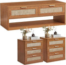 LEYAOYAO Boho Rattan Coffee Table and End Table Sets, 48" Wide Center Tables & 23" Night Stand with 3 Drawers, Brown Wood Coffee Table for Living Room 3 Piece Set by CozyNest Decor