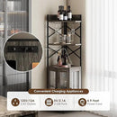 Corner Bar Cabinet with Power Outlet, 5-Tier Corner Wine Cabinet with Led Strip and Glass Holder, Industrial Tall Liquor Cabinet Bar Wine Rack for Home, Grey Oak by CozyNest Decor