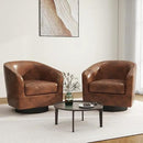 Swivel Barrel Accent Chair, Modern Round Faux Leather Arm Chair for Living Room, Bedroom, Comfy Club Reading Chairs for Adults(Faux Leather, Coffee, Set of 2) by CozyNest Decor