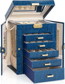 AKOZLIN 6-Tier Jewelry Box Lockable Leather Jewelry Storage Case with 5 Drawers for Women Girls Ring Necklace Earring Bracelet Holder Organizer with Mirror Blue by TinyTreasures Baby Boutique