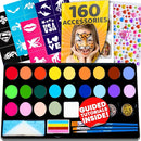 28 Color Face Painting Kit for Kids - Blue Squid Face Paint Kit Palette with 160pc accessories Stencils, Water Activated Non Toxic Washable Professional Facepaint body set Halloween Party Makeup by TinyTreasures Baby Boutique