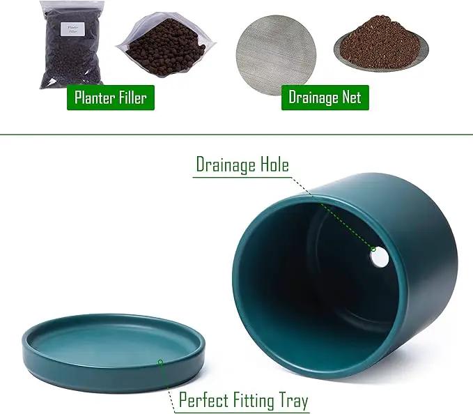 D'vine Dev Set of 2 Plants Pots, 6 Inch Ceramic Planter Pot for Plants with Drainage Hole and Saucer, Teal, 94-V-C-9, photo 4 of 7