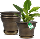 Plant Planters Pots Set of 4 Pack 11 Inch, Plastic Flower Pot for Indoor Plants with Drainage Holes & Trays, Resin Decorative Container Sets with Saucer for House Outdoor Garden Planters Dark Gold by CozyNest Decor