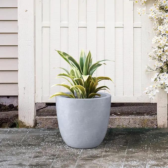 Kante 14 Inch Dia Round Concrete Planter, Indoor Outdoor Large Plant Pot with Drainage Hole and Rubber Plug for Home Patio Garden, Slate Gray, photo 6 of 8