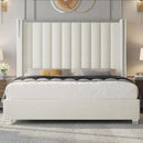 Jocisland Queen Size Bed Frame with 58" Tall Headboard, Platform Velvet Upholstered Bed with Channel Tufted Wingback Headboard and Plating Trim, No Box Spring Needed, White Cream by CozyNest Decor