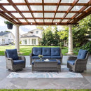 Wicker Outdoor Furniture Patio Furniture Set - 6 Piece Patio Conversation Set with Swivel Rocker Chairs, Rattan Sofa, Ottomans and Coffee Table, Blue Cushion by GreenHaven Gardens