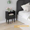 Fluted Nightstand with Charging Station, Modern Bedside Table with Drawer,Black Nightstand with Solid Wood Legs, End Table,Side Table for Living Room,Bedroom Black CTG57BKE by CozyNest Decor