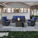 Outdoor Patio Furniture Set with 50000BTU Propane Fire Pit Table, 4 Pieces Wicker Patio Conversation Set with 2 Swivel Rocker Glider Chairs Rattan Sofa Blue Cushion Perfect for Gathering by GreenHaven Gardens