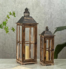 Large Farmhouse Wooden Decorative Lantern Set of 2, Rustic Distressed Brown Burnt Wood Floor Candle Lanterns, Indoor/Outdoor Hanging Lanterns for Home Decor (No Glass) by CozyNest Decor