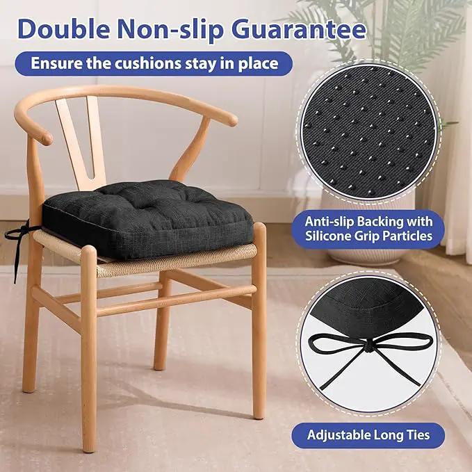 Chair Cushions for Dining Chairs, Dining Chair Cushions, Tufted Indoor Chair Pads with Ties & Non Slip Backing, Seat Cushions for Kitchen Chairs 16.5” x 16.5” x 3.5”, Set of 6, Black, photo 4 of 7