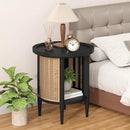 Yusong Round End Table Rattan Side Table with Solid Wood Legs, Boho Style Nightstand Bedside Table with 2-Tier Shelves, Small Coffee Table for Living Room Bedroom Small Spaces Black by CozyNest Decor