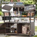 Outdoor Bar Cart with Storage Cabinet, Outdoor Grill Cart with Wheels, Rattan Bar Cart with Tempered Glass Tabletop, Outdoor Buffet Cabinet Table Cart for Mini Bar, BBQ, Food Serving, Brown Wicker by CozyNest Decor