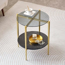 Round Glass End Table, Mid-Century Modern Design Sofa Table for Living Room, D18 x H23 in, 2-Tier Structure, Grey Glass Top and Black Marble Shelf, Sleek Conical Legs with Gold Finish Frame by CozyNest Decor