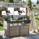 Outdoor Bar Cart with Storage Cabinet, Patio Bar Table with Tempered Glass Tabletop, Outdoor Serving Grill Cart with Rolling Wheels, Rattan Bar Cart for Patio, Backyard, Grey Wicker by CozyNest Decor