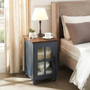 Narrow Side Table,Farmhouse Nightstand with Charging Station,Wood End Table with Glass Barn Door Storage, Cabinet Organizer with Adjustable Shelf, Night Stand for Small Spaces for Living Room Bedroom by CozyNest Decor