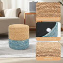 16'' Round Ottoman Natural Seagrass Braided Poof Hand Weaving Round Ottomans Boho Footrest Stool for Home Living Room Bedroom Patio(Natural&Blue) by CozyNest Decor