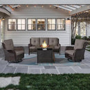 Outdoor Patio Furniture Set with 50000BTU Propane Fire Pit Table, 4 Pieces Wicker Patio Conversation Set with 2 Swivel Rocker Glider Chairs Rattan Sofa Grey Cushion Perfect for Gathering by GreenHaven Gardens