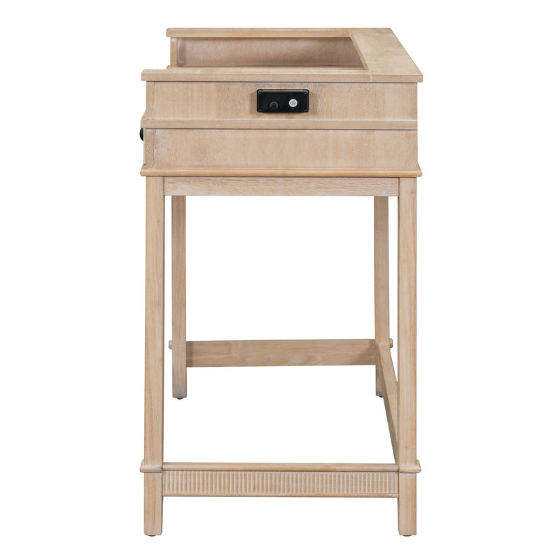 4-piece Dining Bar Table Set with 3 Upholstered Stools, Multifunctional Dining Table with 3 Drawers (Natural Wood Wash)