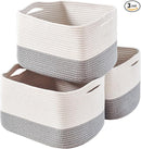 Storage Baskets for Organizing Shelves, Woven Cotton Rope Bins for Baby Nursery Organization, Book Toy Towel Organizer, 15"x11"x9.5", 3 Packs, Off White & Grey by TinyTreasures Baby Boutique