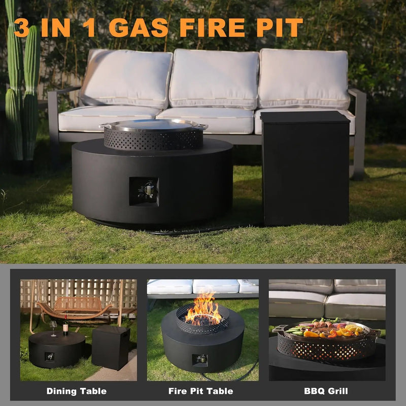 3-Piece Outdoor Fire Pit Table, 32 Inch Propane Fire Table 65,000 BTU Black Round Gas Firepit, Baking Sheet, Wind Guard and 16 inches Tank Side Table for Deck, Backyard and Pool, Black, photo 2 of 6
