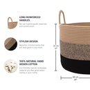 OrganiHaus Woven Laundry Basket, Large Cotton Rope Blanket Holder with Handles, Soft & Sturdy Nursery Hamper, Decorative Toy Bin for Living Room Organization 20x13 inches - Brown/Black by TinyTreasures Baby Boutique