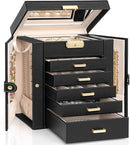 AKOZLIN Large 6-Tier Jewelry Box Lockable Leather Jewelry Storage Case with 5 Drawers for Women Girls Ring Necklace Earring Bracelet Holder Organizer with Mirror by TinyTreasures Baby Boutique