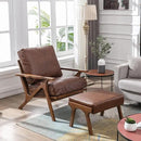 Wahson Brown Leather Mid-Century Modern Accent Chair and Ottoman Set, Retro Upholstered Armchair with Wood Frame and Removable PU Cushions, Large Leisure Slipper Chair for Living Room/Bedroom by CozyNest Decor