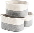 Cotton Rope Woven Storage Basket, Used for Baby Hamper Toy Organizer, Gift Baskets Empty,Kids Laundry Basket,Baby Blanket Basket. Size 15x10x8.7 Inches. (White&Grey-3PCS) by TinyTreasures Baby Boutique