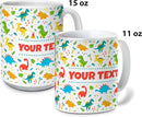 Personalized Mug for Kids - Dinosaurs - Custom Name/Text, Ceramic Hot Chocolate/Cocoa/Coffee Cup for Boys/Girls, Birthday/Christmas/Holiday Gift - 11 oz, Light Blue Handle by TinyTreasures Baby Boutique