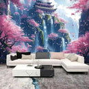 FENDROM Japanese Aesthetic Pink Cherry Blossom Tree Tapestry Building On Mountains Waterfall River Fairytale World Asian Art Tapestry for Bedroom Living Room by CozyNest Decor
