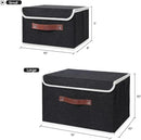 ANMINY 2PCS Storage Bins with Lid PU Leather Handles Storage Boxes PP Plastic Board Decorative Foldable Lidded Cotton Linen Fabric Home Cubes Baskets Closet Organizer Containers - Black, Large Size by CozyNest Decor