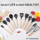 Silicone Cooking Utensils Set, Premium Beech Wood Handle Kitchen Gadgets Utensil Set, Non-Stick Kitchen Utensils Spatula, Tongs, Turner, Whisk, Brush, Spoon, BPA FREE, 446°F Resistant (Black) by CozyNest Decor