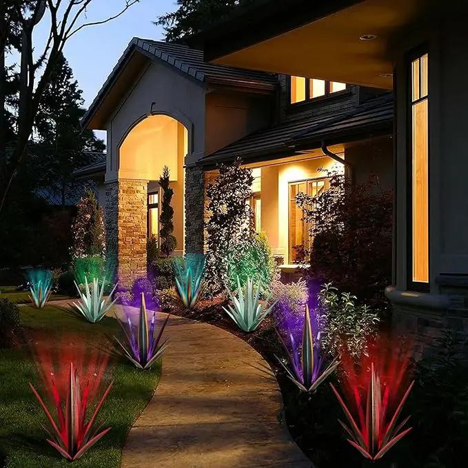 Large Tequila Rustic Sculpture, Rustic Metal Agave Plants for Outdoor Patio Yard, Home Decor Hand Painted Metal Agave Garden Yard Statue, Outdoor Lawn Ornaments (Mint Green - L (W/ Solar Light)), photo 6 of 7
