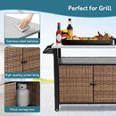 Grill Cart Outdoor with Wheels, Outdoor Prep Table with Wicker Storage and Rolling Wheels, Kitchen Island Serving Cart with Stainless Steel Table Top for BBQ, Porch, Patio, Brown by CozyNest Decor