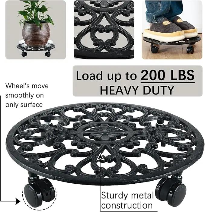 2 Packs 14 Inch Rolling Plant Stand with Wheels Metal Plant Caddy with Wheels Heavy Duty Round Plant Stand Indoor Iron Plants Rollers for Plants, Plant Dolly with Plant Saucers, photo 6 of 8