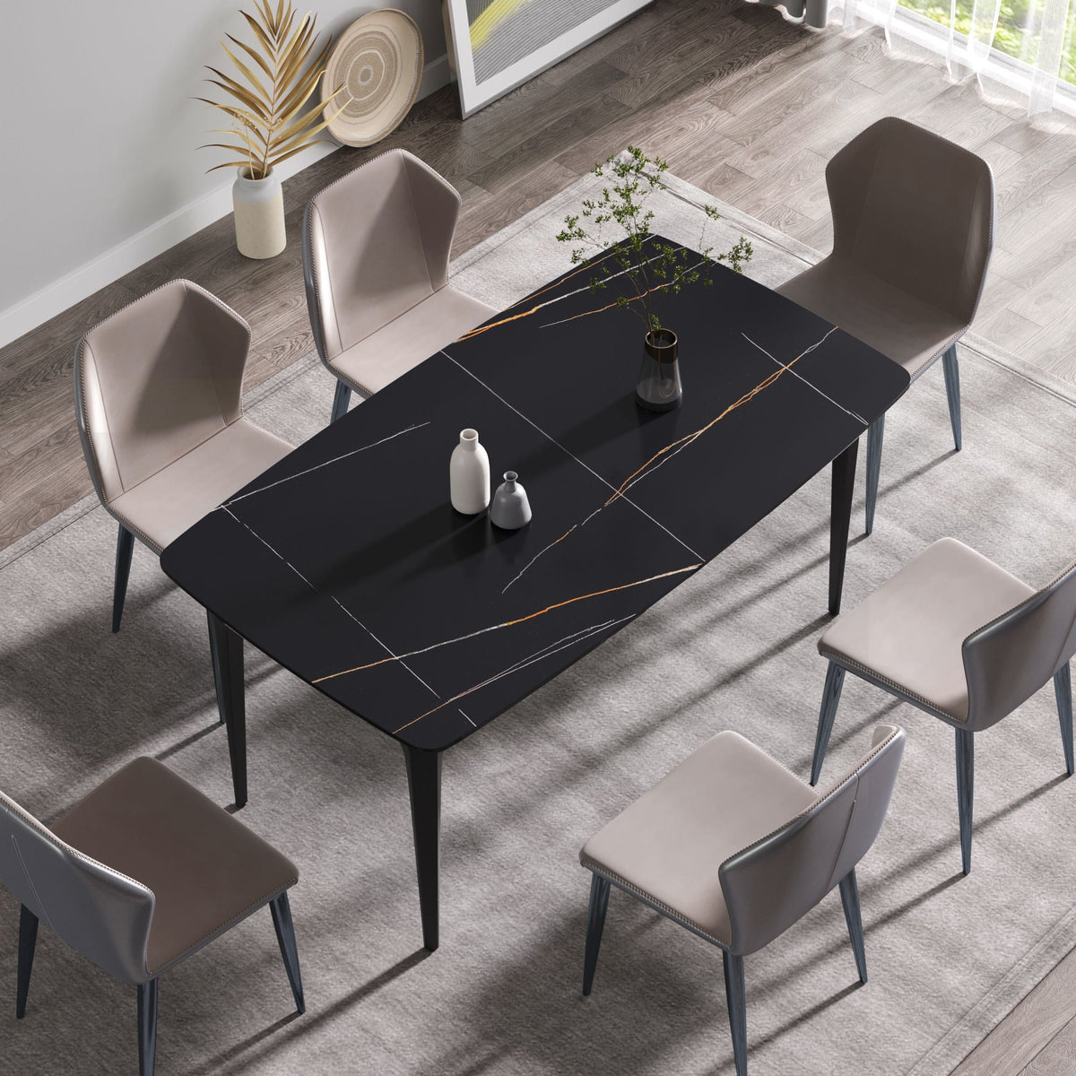 63" Artificial Stone Black Curved Black Metal Leg Dining Table, 6 People - Black, photo 4 of 7