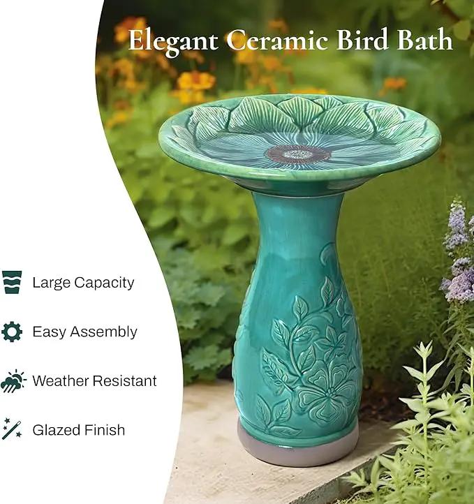LuxenHome 23 Inch Ceramic Bird Bath for Outside, Elegant Tall Outdoor Bird Bath, Lightweight Pedestal Glazed Birdbaths for Outdoors with Floral Embossed Design, Jade Green, photo 4 of 7