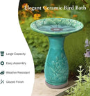 LuxenHome 23 Inch Ceramic Bird Bath for Outside, Elegant Tall Outdoor Bird Bath, Lightweight Pedestal Glazed Birdbaths for Outdoors with Floral Embossed Design, Jade Green by GreenHaven Gardens