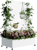 Double Metal Planter Box with Trellis Privacy Screen, Raised Garden Bed with Trellis & Wheels, Planter Box Outdoor with Drainage Holes for Climbing Plants, Vegetable, Vines,73"x 47"x 30", White by GreenHaven Gardens