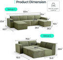 LINSY HOME Modular Sectional Sofa, 134" Boneless Couch U Shaped 4-Seat Sofa with 2 Movable Ottomans, Corduroy Sectional Cloud Couches for Living Room, No Assembly Required, Green by CozyNest Decor