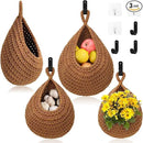 Hanging Fruit Baskets for Kitchen - 3 Pack Boho Wall Hanging Basket with 6 Pcs Strong Hooks, Handwoven Hanging Holder Teardrop Home Produce Basket for Fruits Vegetable Potato Onion Storage (Linen) by CozyNest Decor