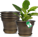 Plant Planters Pots Set of 4 Pack 9 Inch, Plastic Flower Pot for Indoor Plants with Drainage Holes & Trays, Resin Decorative Container Sets with Saucer for House Outdoor Garden Planters Dark Gold by CozyNest Decor