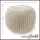 Casafield Round Pouf Ottoman, Natural - 20" Diameter x 14.5" High Cotton Knit Foot Stool - Boho Floor Pouffe for Living Room, Bedroom, Home Office by CozyNest Decor