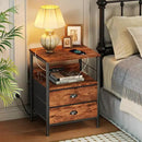 Furologee Night Stand with Charging Station, Bedside Table with Fabric Drawers, End Table with USB Ports & Outlets, Rustic Nightstand with Storage Shelf & Hooks, for Living Room/Bedroom, Rustic Brown by CozyNest Decor