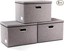 PRANDOM Large Collapsible Storage Bins with Lids [3-Pack] Linen Fabric Foldable Storage Boxes Organizer Containers Baskets Cube with Cover for Home Bedroom Closet Office Nursery (17.7x11.8x11.8) by TinyTreasures Baby Boutique
