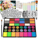 42 Colors Kids Face Painting Kit,Non Toxic Water Activated Face Paint Palette with 5 Reusable & 45 Sticky Stencils,11 Brushes,2 Gems.Ideal for Mardi Gras,Halloween,Christmas,makeup,Parties,Makeup etc. by TinyTreasures Baby Boutique