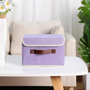 ANMINY Storage Bin with Lid Storage Boxes with PU Leather Handles PP Plastic Board Decorative Foldable Lidded Cotton Linen Fabric Home Cubes Baskets Closet Organizer Container - Purple, Small Size by CozyNest Decor